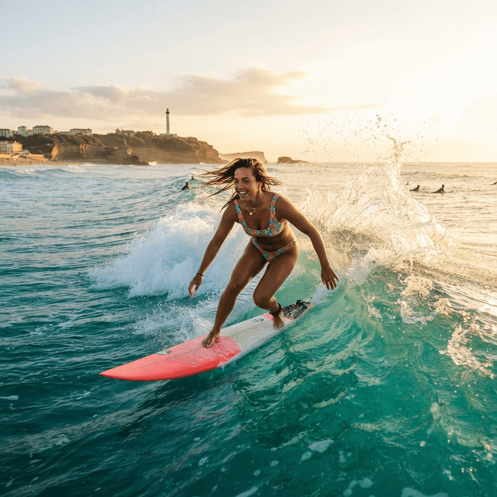 Un surfeur sur une vague turquoise au coucher du soleil, côte Atlantique française